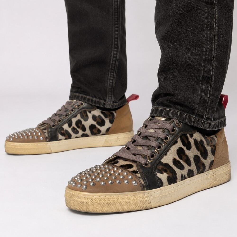 Ron Tomson Men's Punk Rocker Spiked Low-Top Sneaker in Leopard Print, Size 10.5